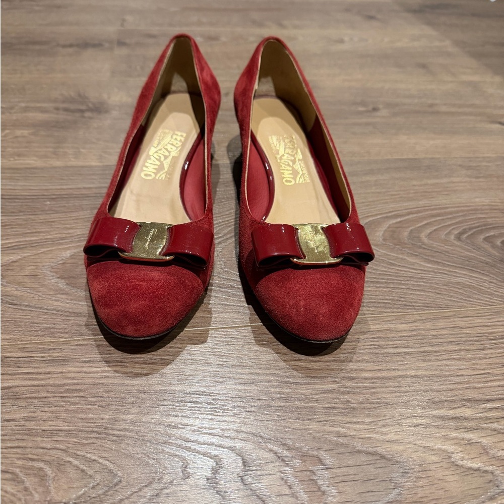 Salvatore Ferragamo Red Suede Flats with Bow Accent